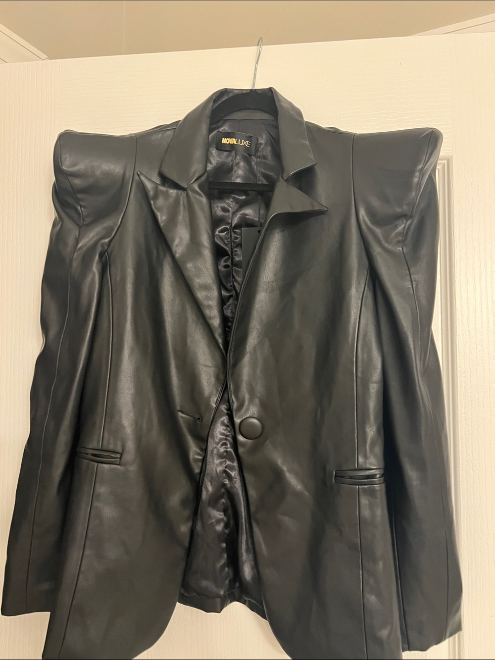 Fashion Nova Black Faux Leather Power-Shoulder Blazer